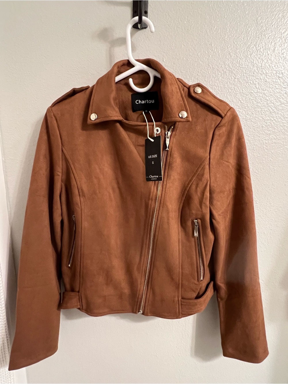 Chartou Women's Suede-Look Moto Jacket in Cognac